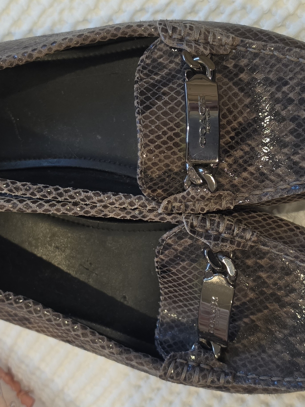 Coach Taupe Snake-Embossed Loafers with Metal Bit